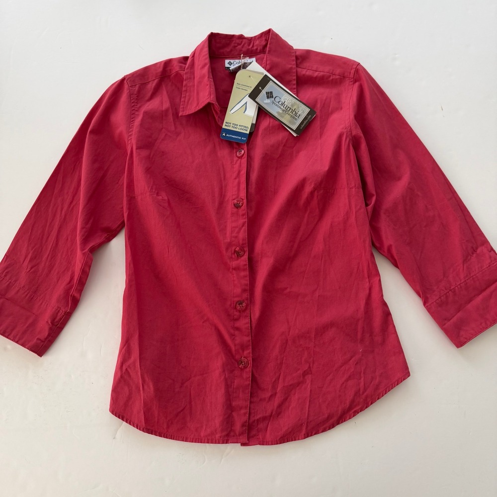 Columbia Women Red 3/4 Sleeve Button Up Shirt Cotton Authentic Fit AL7240 NWT